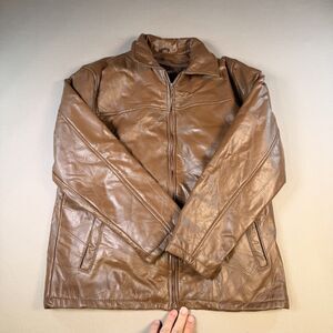 Haband Executive Division Mens Brown Leather Jacket Faux Fur Lining Medium